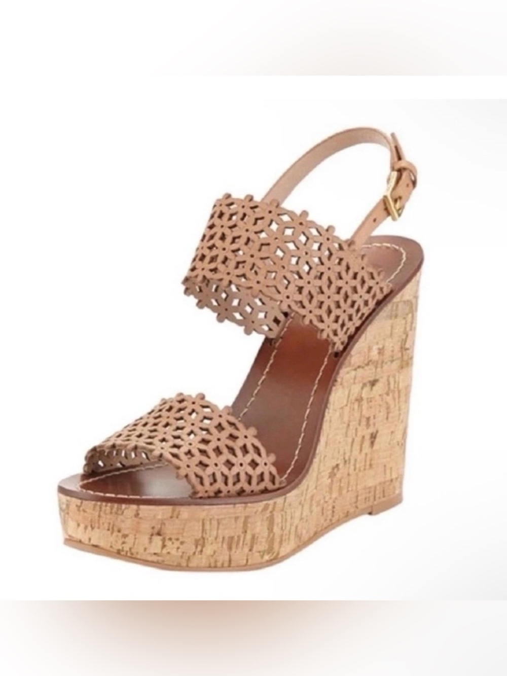 Tory Burch Daisy Tan Laser-Cut Cork Leather Wedge Sandals Size 8.5